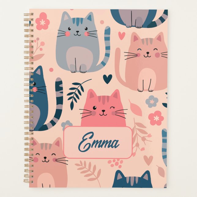 Cute Cats and Floral Pattern Custom Monogram Kids Planner (Front)