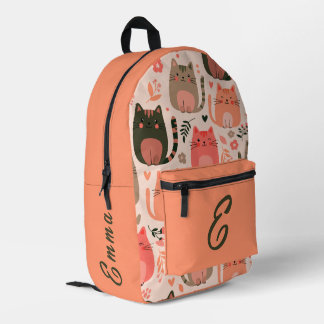 Cute Cats and Floral Pattern Custom Monogram Kids Printed Backpack