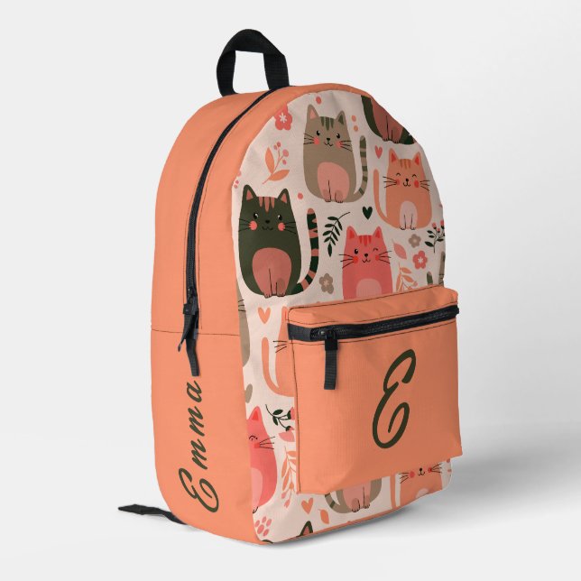 Cute Cats and Floral Pattern Custom Monogram Kids Printed Backpack (Back Corner Left)