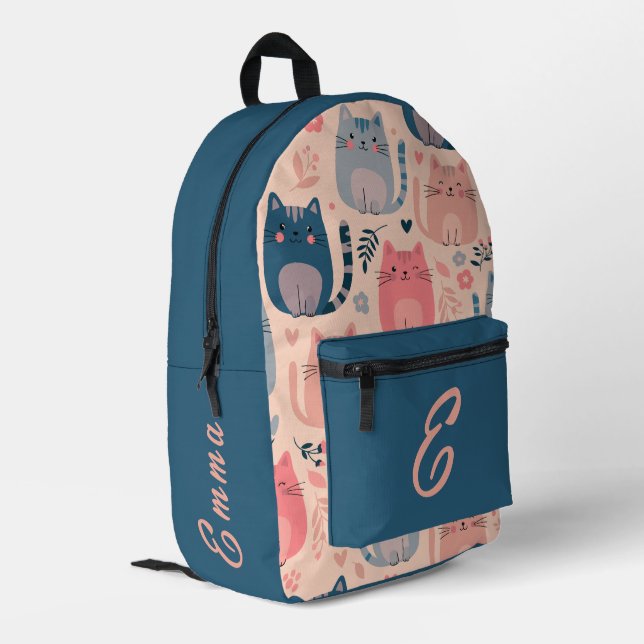 Cute Cats and Floral Pattern Custom Monogram Kids Printed Backpack (Back Corner Left)