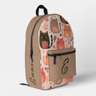 Cute Cats and Floral Pattern Custom Monogram Kids Printed Backpack