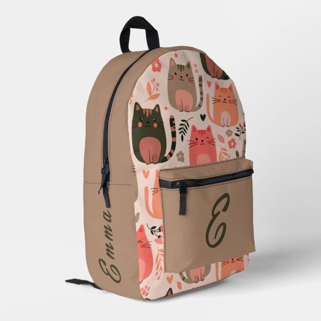 Cute Cats and Floral Pattern Custom Monogram Kids Printed Backpack (Back Corner Left)