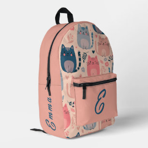 Cute Cats and Floral Pattern Custom Monogram Kids Printed Backpack