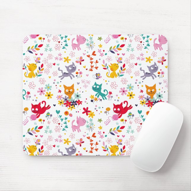Cute Cats and Flower Fun Mouse Mat (With Mouse)
