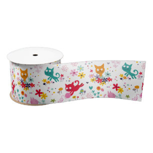 Cute Cats and Flower Fun Satin Ribbon