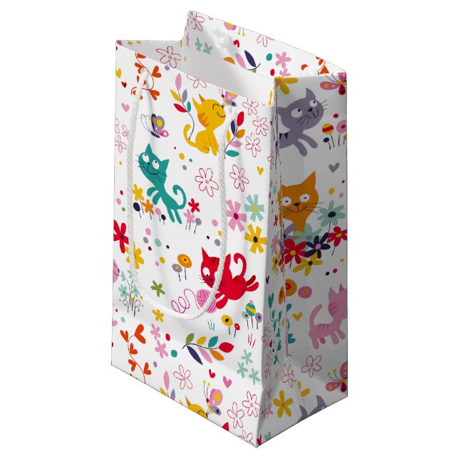 Cute Cats and Flower Fun  Small Gift Bag (Front Angled)