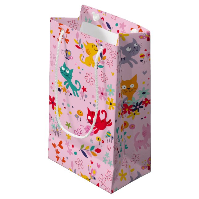 Cute Cats and Flower Fun   Small Gift Bag (Front Angled)