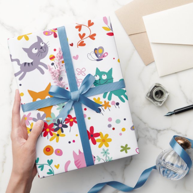 Cute Cats and Flower Fun Wrapping Paper (Gifting)
