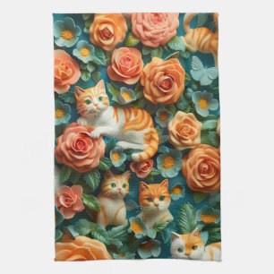 Cute Cats and Flowers Design  Tea Towel