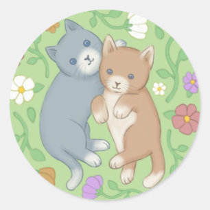 Cute Cats and Flowers Illustration Classic Round Sticker