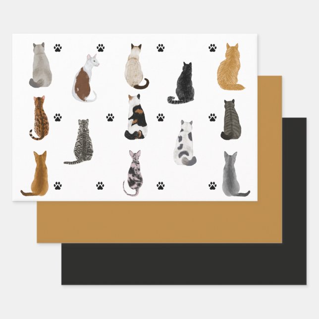 Cute Cats and Paws Gift Wrap with Matching Solids (Set)