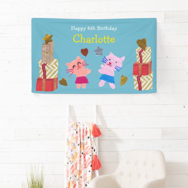 Cute Cats and Presents Blue Kids Birthday Party Banner (Insitu)