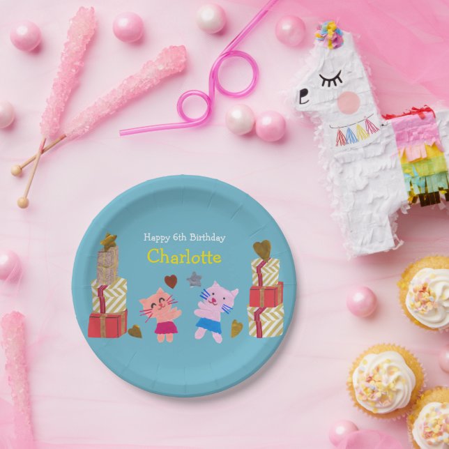 Cute Cats and Presents Blue Kids Birthday Party Paper Plate (Party)