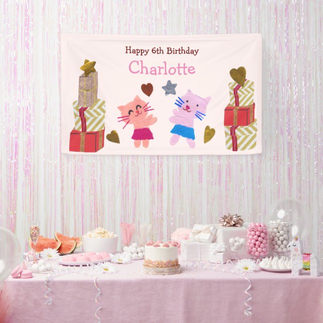 Cute Cats and Presents Pink Kids Birthday Party Banner (Party)