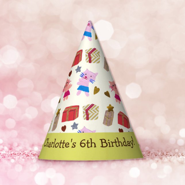 Cute Cats and Presents Yellow Green Kids Birthday Party Hat (Creator Uploaded)