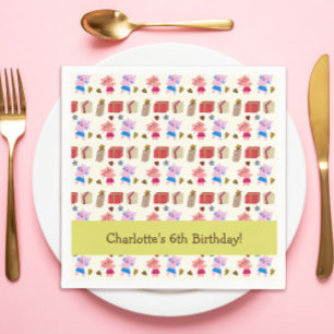 Cute Cats and Presents Yellow Kids Birthday Napkin