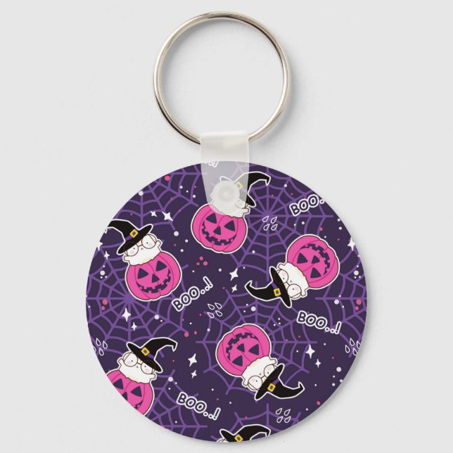 Cute Cats and Pumpkins Halloween Pattern Key Ring (Front)