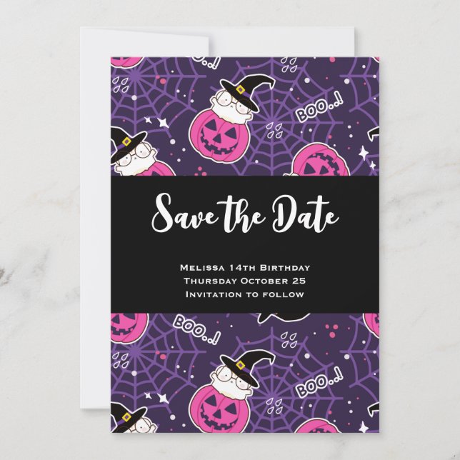 Cute Cats and Pumpkins Halloween Pattern Save The Date (Front)