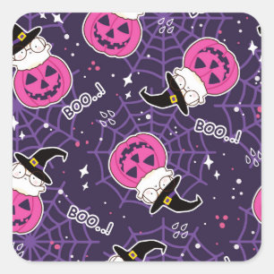 Cute Cats and Pumpkins Halloween Pattern Square Sticker