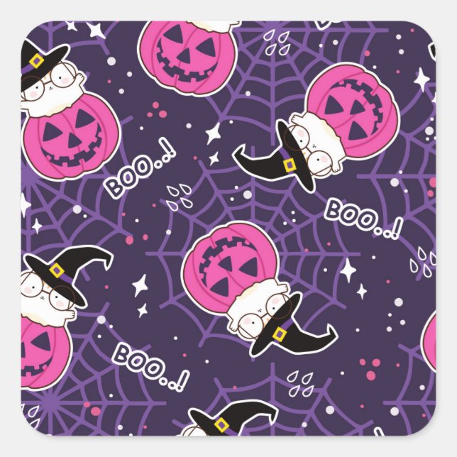 Cute Cats and Pumpkins Halloween Pattern Square Sticker (Front)