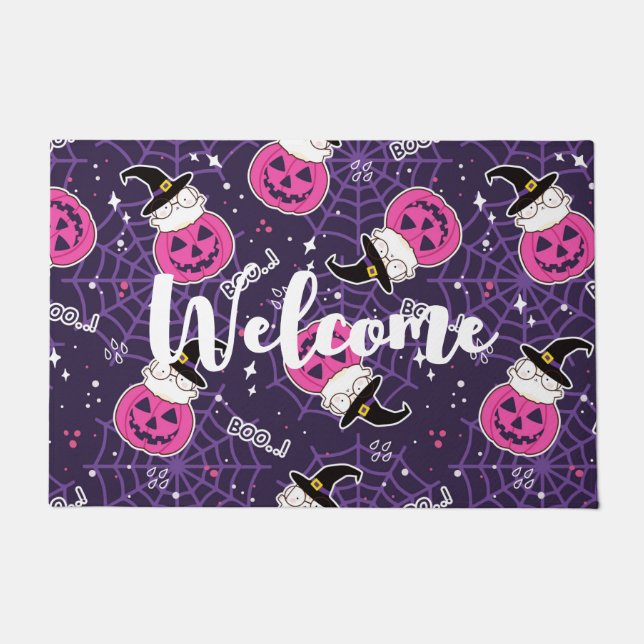 Cute Cats and Pumpkins Halloween Pattern Welcome Doormat (Front)