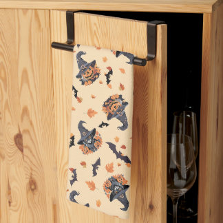 Cute Cats Bats & Pumpkins Halloween Tea Towel