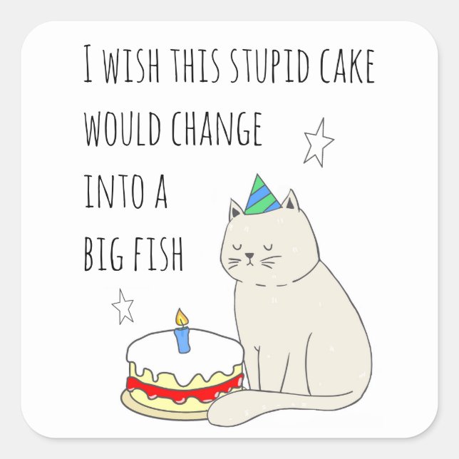 Cute Cat's Birthday Cake Wish Square Sticker (Front)