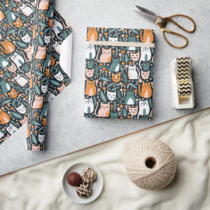 Cute Cats Botanical Floral Pattern Colourful Gift Wrapping Paper
