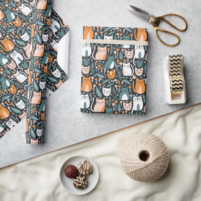 Cute Cats Botanical Floral Pattern Colourful Gift  Wrapping Paper (Crafts)