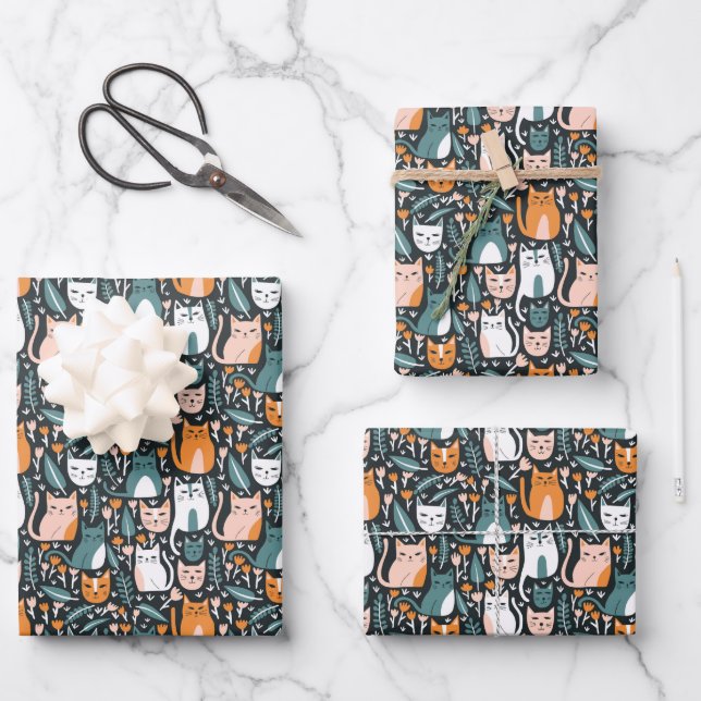 Cute Cats Botanical Floral Pattern Colourful Gift  Wrapping Paper Sheet (Front)
