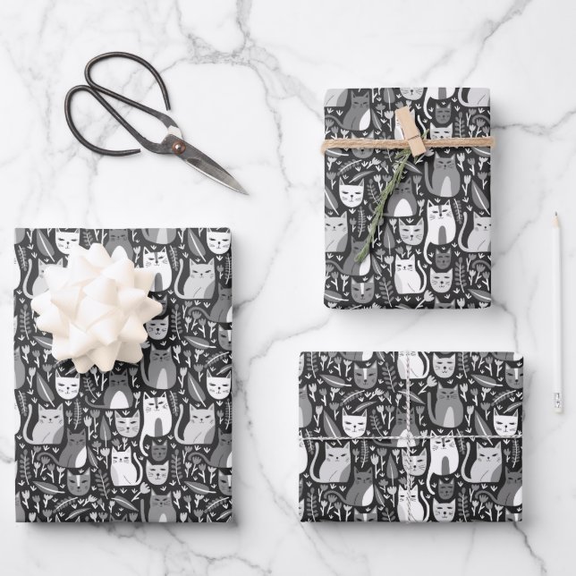 Cute Cats Botanical Floral Pattern Grey White Gift Wrapping Paper Sheet (Front)