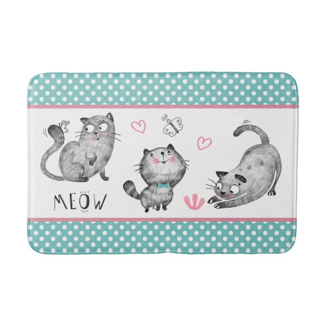 Cute Cats, Butterflies, Hearts, Polka Dots Bath Mat (Front)