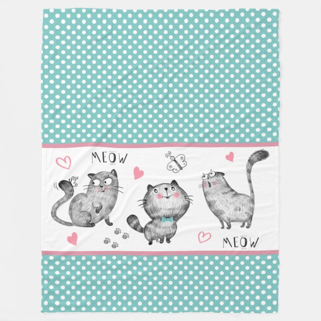 Cute Cats, Butterflies, Polka Dots, Hearts Fleece Blanket (Front)