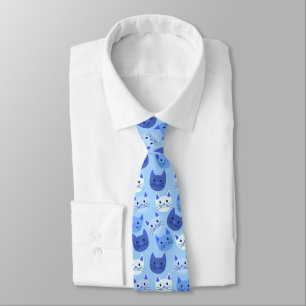 Cute Cats Cat Face Pattern Blue White Tie