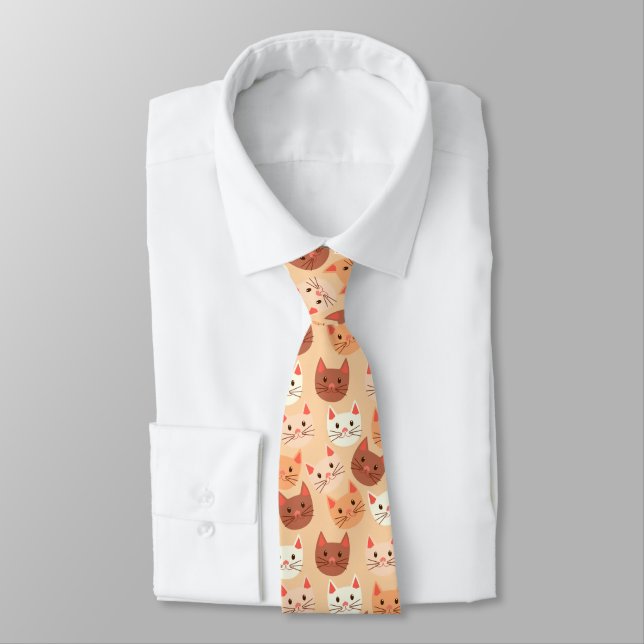 Cute Cats Cat Face Pattern Peach White Tie (Tied)