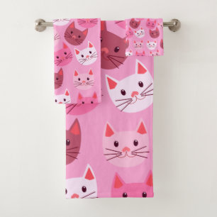 Cute Cats Cat Face Pattern Pink Bath Towel Set