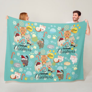 Cute Cats Christmas Pattern Paws, Snowflakes Text Fleece Blanket