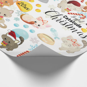 Cute Cats Christmas Pattern Paws, Snowflakes Text Wrapping Paper