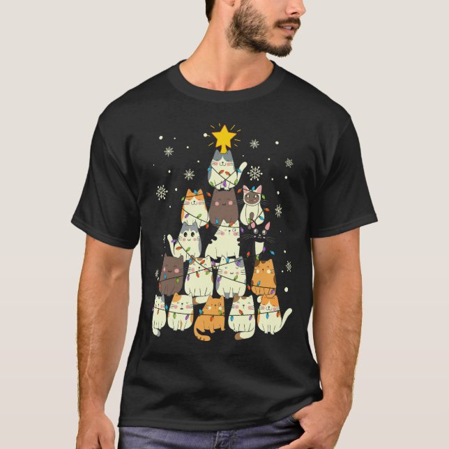 Cute Cats Christmas Tree Funny T-Shirt (Front)