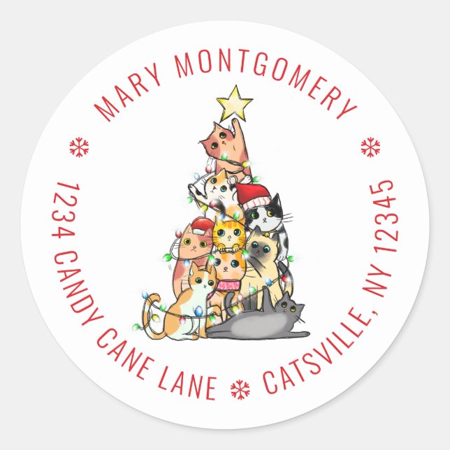 Cute Cats Christmas Tree Return Address Classic Round Sticker (Front)
