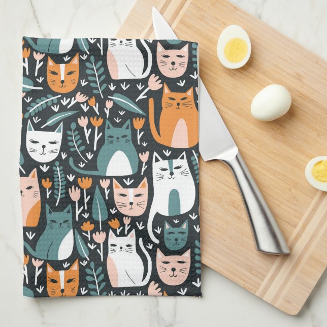 Cute Cats Colourful Pattern Botanical Floral Print Tea Towel (Quarter Fold)