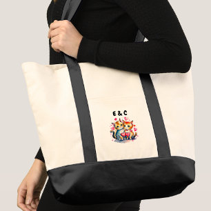 Cute cats couple initials tote bag