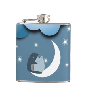 Cute Cats Cuddling on the Moon Art Hip Flask