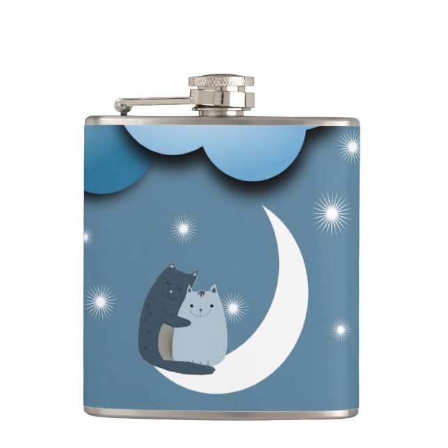 Cute Cats Cuddling on the Moon Art Hip Flask (Front)