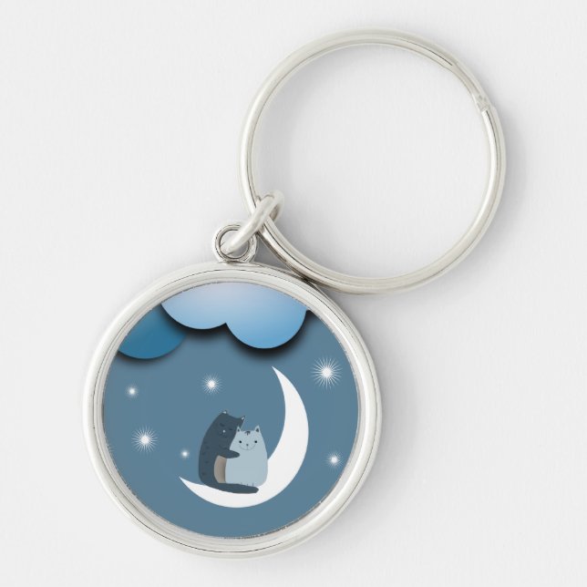 Cute Cats Cuddling on the Moon Art Key Ring (Front)