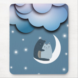 Cute Cats Cuddling on the Moon Art Mouse Mat