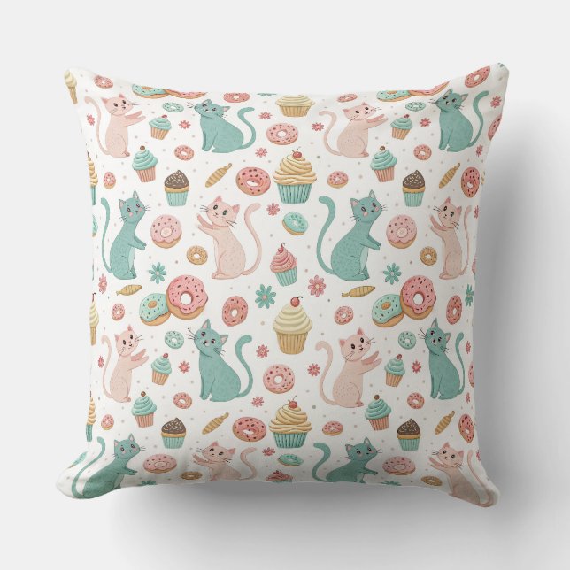 Cute Cats & Cupcakes Pattern - Kawaii Kitten Art Cushion (Front)