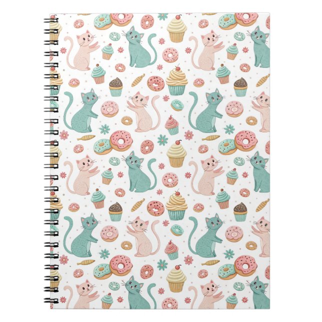Cute Cats & Cupcakes Pattern - Kawaii Kitten Art Notebook (Front)