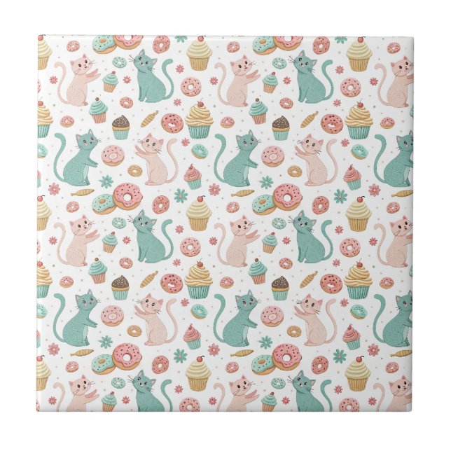 Cute Cats & Cupcakes Pattern - Kawaii Kitten Art Tile (Front)