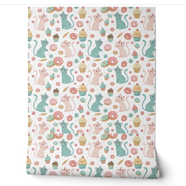 Cute Cats & Cupcakes Pattern - Kawaii Kitten Art Wallpaper (Unrolling)
